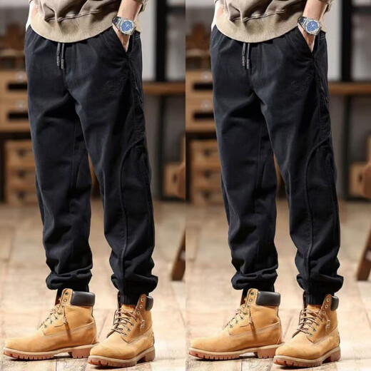 American high-end British overalls, trendy brand men's ankle-tied spring and autumn loose large size handsome retro casual pants, camel + black, two-piece set, regular 3XL, recommended 160-180Jin Jin is equal to 0.5 kg