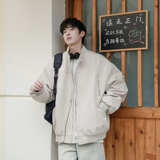 Cotton Jacket Men's Autumn and Winter Trendy Hong Kong Style Design Top Jacket Men's Versatile Flying Baseball Uniform Apricot L