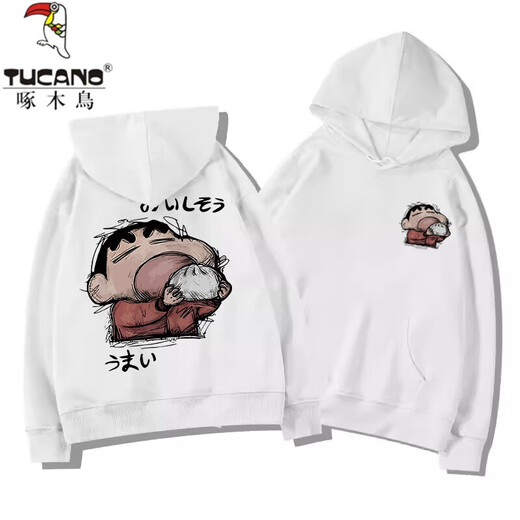 Woodpecker (TUCANO) American retro white and gray hooded sweatshirt for men, autumn and winter jackets for men and women, trendy loose tops for couples, white and gray (regular style) XL recommended weight (110-135Jin Jin equals 0.5 kg)