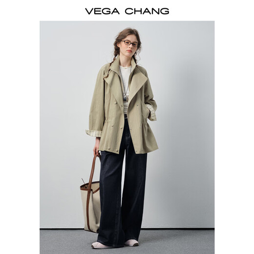 VEGA CHANG windbreaker for women petite 2026 spring new style waisted short cuffs striped splicing loose jacket fog khaki S