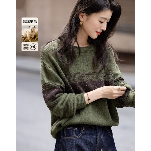 Demana Muyun Linglong winter sheep wool sweater retro round neck contrast ribbed loose knitted sweater women's top