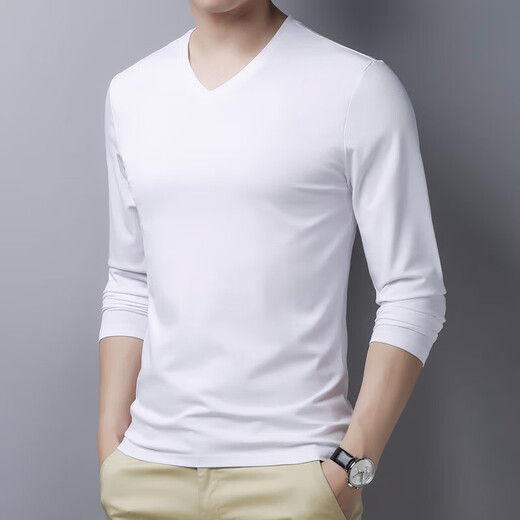 Spring and autumn sweetheart collar plus fat plus size long-sleeved t-shirt for fat men solid color versatile bottoming shirt autumn clothes t white JX2010 3XL 185 (165-180Jin Jin is equal to 0.5 kg)
