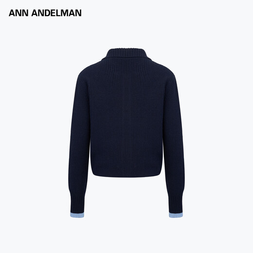 ANN ANDELMAN Official Direct Autumn and Winter Sweater Women's Slim Lapel Lace Contrast Color Wool Cardigan Jacket Navy Blue XS