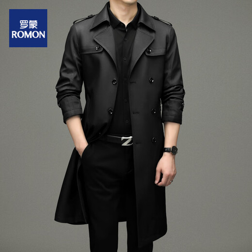 罗蒙（ROMON）男士免烫过膝长款双排扣风衣大衣2025春秋季新款长款风衣男 黑色 XL 180
