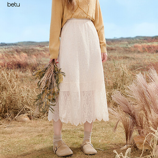 Baitu (Betu) Femenino 2025 Autumn New Skirt Wave Sporty Sporty Lace Falda de alta gama para mujeres 2509T79 Apricot s