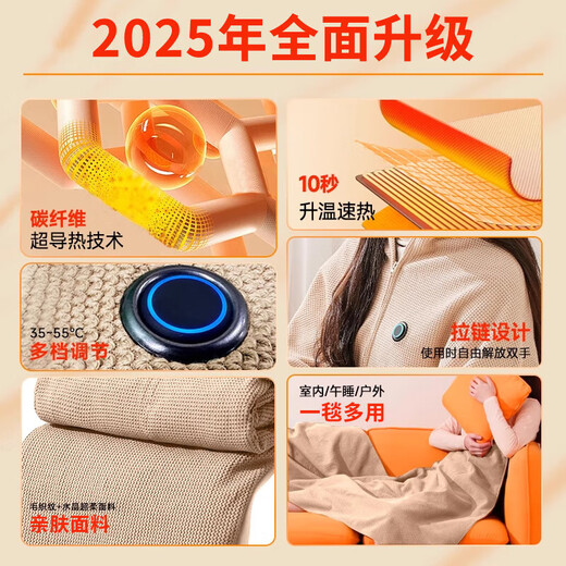 Mitcmolard German brand electric shawl blanket heating heating blanket usb warm-up office small single leg covering blanket 8 zones 10s graphene quick heating 150*80cm thick and machine washable - cedar apricot usb plug-in free | three-speed temperature adjustment | 3c certified power bank | close-fitting quick heating