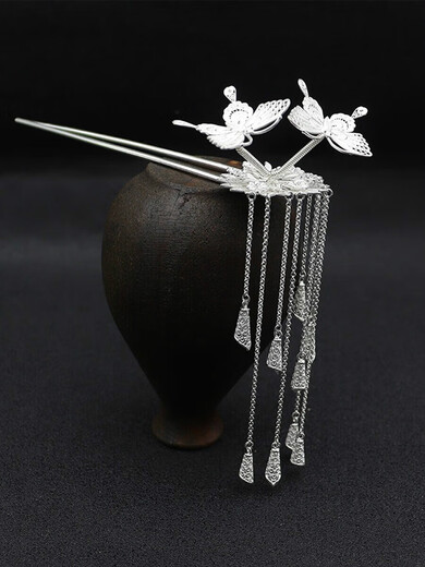 Han Di 999 Silver Double Butterfly Love Flower Hairpin Ancient Style Step Swinging Tassel Hairpin Full Silver Ming System Retro Hanfu Double Hairpin Hair Accessory Butterfly