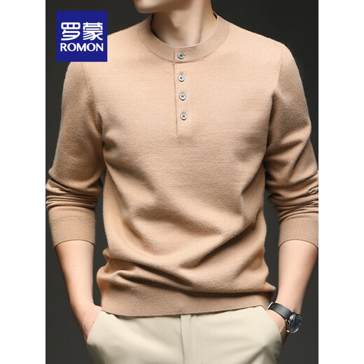 ROMON Contains Sheep Wool Romon Men's Henley Collar Sweater 2025 Autumn New Solid Color Simple Style Top Men Cambridge Brown S 165_(Suitable for_90-120_Jin Jin equals 0.5 kg)