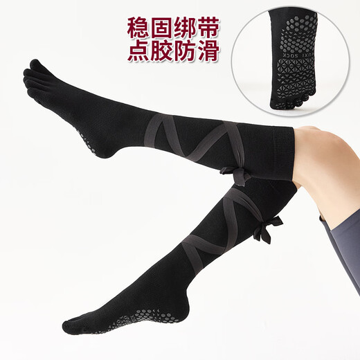 BIBK Japanese Yoga Socks Pilates Socks with Bows for Fitness Special Sports Socks Dotted Anti-Slip Stockings Five Finger Style-Black Pair