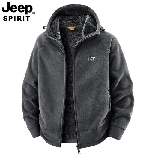 JEEP SPIRIT Jeep Polar Fleece Jacket Men's Autumn and Winter Young and Middle-aged Loose Large Size Casual Jacket Coldproof Plus Velvet Thickened Dark Gray Velvet 2518A Hooded 2XL Recommended 145-160Jin Jin equals 0.5 kg