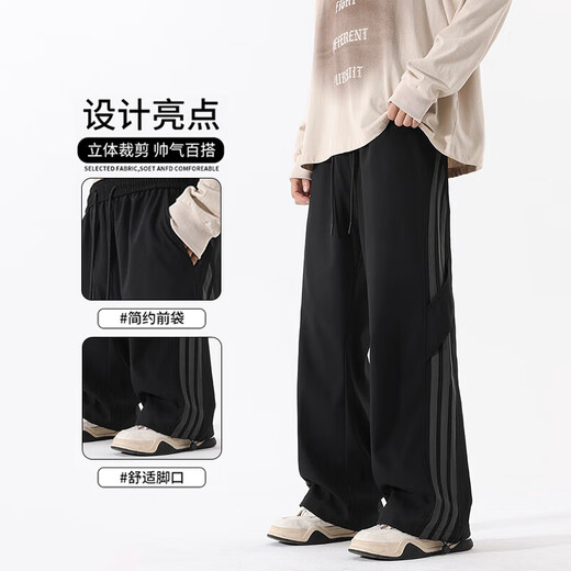 IZEXX American striped overalls men's high street casual loose straight wide leg sports long pants MZ98 black L