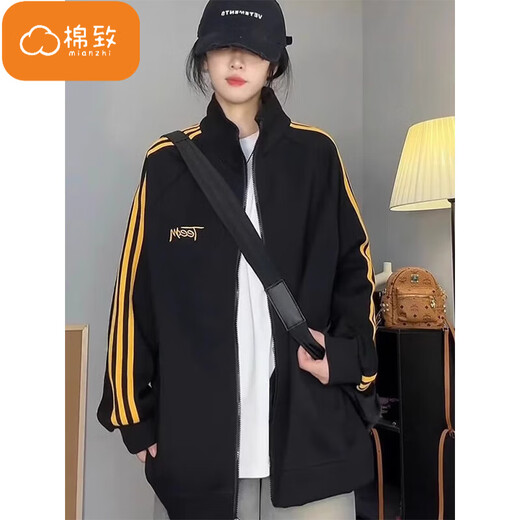 棉致撞色拼接三条杠立领开衫卫衣女春秋季2025新款休闲宽松上衣外套 A130黑色【常规高品质30.5】 L 100-120斤