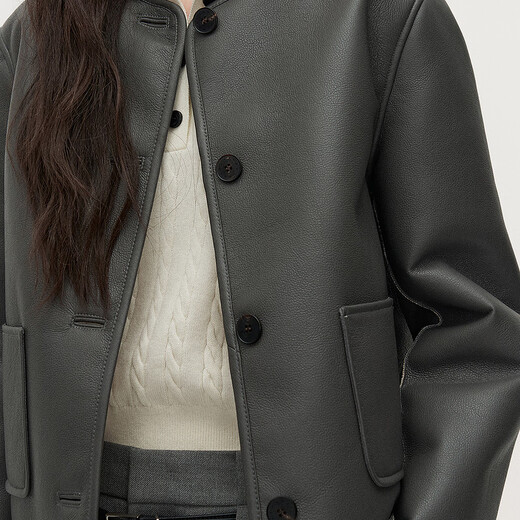 OCHIRLY end of season discount Xiaoxiangfeng motorcycle leather jacket women's top round neck high-end casual high-end dark gray S