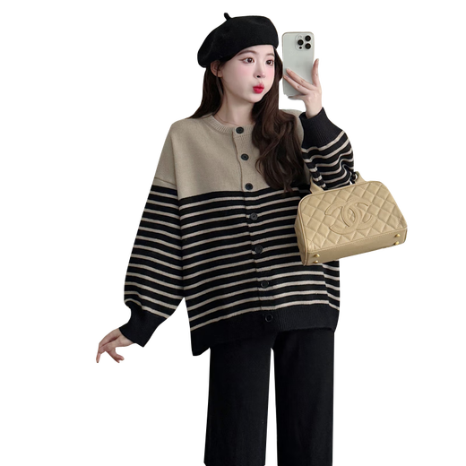 Jung-Mi maternity clothing spring and autumn clothing 2025 pregnant women autumn and winter fashion loose slimming age-reducing striped sweater cardigan apricot color-single-single top L