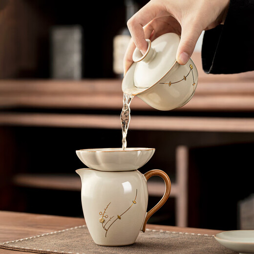 Tangfeng Ru Kiln Tea Set with Tea Tray Gift Box Household High-end Tea Maker Full Set Birthday Housewarming Gift for Elders Curium Nail Luohan Suyu Xishi Pot 12 Heads (Brown Leather Box)