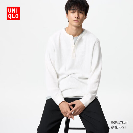 优衣库男装/男女同款华夫格亨利领套头衫长袖T恤纯色休闲475353 475353/01乳白色 M /170/92A