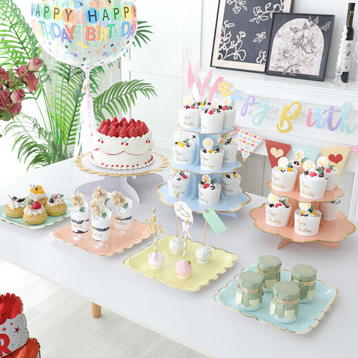 He Jiagong birthday arrangement dessert table ornaments wedding display shelf disposable three-layer table cake tray snack rack white dessert table large wave white package 70