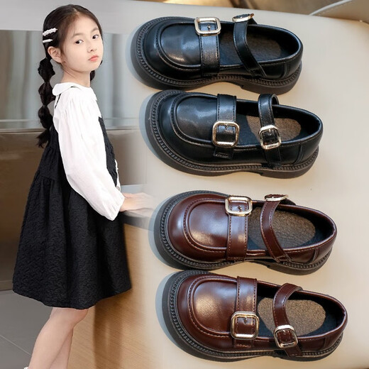 Girls Shoes Princess Shoes 2025 Spring New Genuine Leather Children's Small Leather Shoes Soft Sole Girls Black Single Shoes Spring Style Black 32 Inner Length Approximately 19.6cm