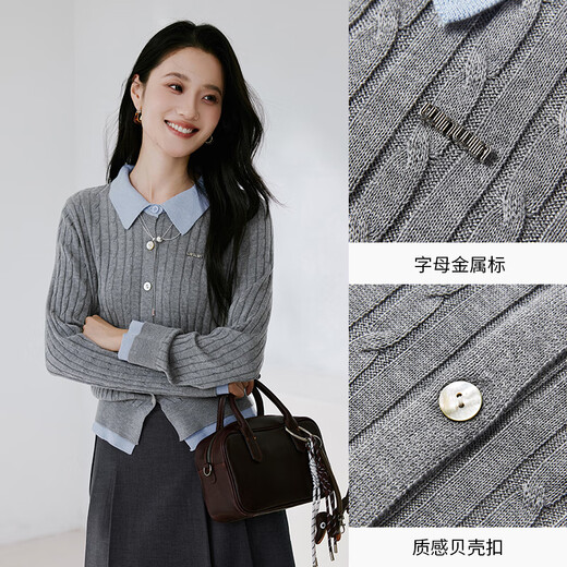 Xiangying College Style Miu Gray Knitted Cardigan Women's 2026 Spring New Cable Lapel Fake Two-piece Sweater Light Gray M 160/84A/95-110Jin Jin equals 0.5 kg