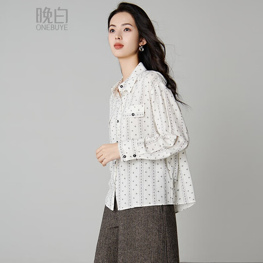 Late White New Product 2025 Autumn Temperament Printed Shirt Skin Friendly Elastic Casual Lapel Shirt Women Color M