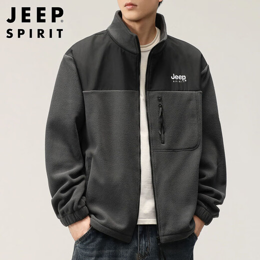 JEEP SPIRIT Jeep Jacket Men's Autumn and Winter Sweater Men's Men's Polar Fleece Casual Cardigan Fleece Clothes Dark Gray XL