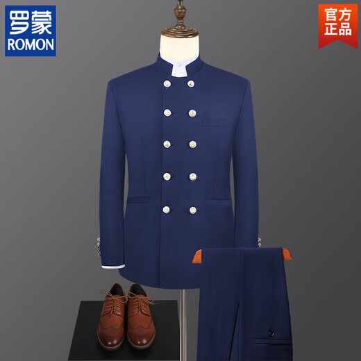 ROMON Mao suit men's Chinese style stand collar double breasted suit suit Chinese style wedding groomsmen dress performance suit black double breasted suit with pants L 175 weight 125-140 Jin Jin equals about 0.5 kg