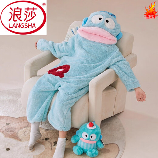 LangSha Ugly Fish children's flannel cute one-piece pajamas autumn and winter thickened warm coral velvet parent-child home clothes plus velvet 622 Ugly Fish one-piece + shoes M 16 size recommended weight 55-68 Jin Jin equals 0.5 kg