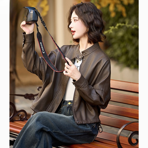 Homesee International Light Luxury High-end Jacket 2025 New Maillard Leather Jacket Women's Short Loose Casual Retro PU Brown M Recommended 115Jin Jin is equal to 0.5kg and below b