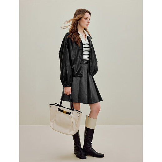 Inman Simple Casual Stand Collar Chaqueta de cuero Negra 2025 Autumn Women's New Short Chaqueta corta Top Midnight M M.