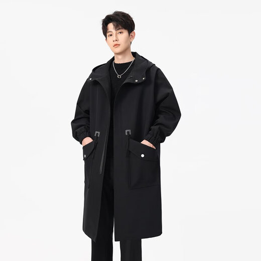 LOFVRANG cotton thickened warm mid-length windbreaker jacket men's autumn and winter large size loose fat casual coat knee-length cloak black cotton thickened 2XL suitable for 160 to 180 Jin Jin equals 0.5 kg