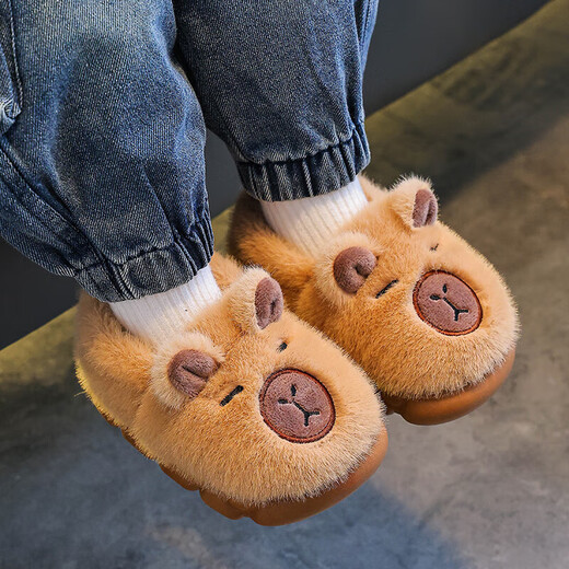 Kapibara children's cotton slippers, girls' winter cartoon cute non-slip soft-soled slippers, baby slippers, upgraded environmentally friendly material, light coffee (heel included) 12, 32/33 size (shoe inner length 19CM, suitable for feet 18