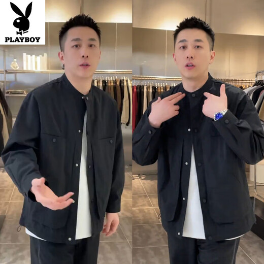 Playboy (PLAYBOY) Spring and Autumn New Solid Color Henley Collar Shirt Men's Simple Fashion Design Versatile Casual Jacket Black M 100-120Jin Jin is equal to 0.5 kg