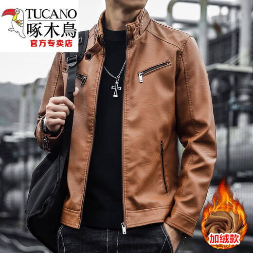 啄木鸟（TUCANO）加绒真好皮皮衣男士立领海宁潮牌帅气休闲秋冬款机车皮夹克外套防 黑色机车皮衣 加绒 2XL 145-160斤