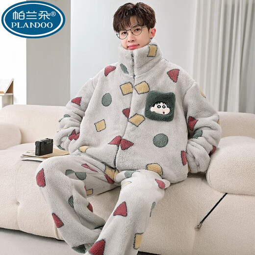 Palando Crayon Shin-Shikong Koralle Velvet Herren-Pyjamas für Herbst- und Winterstudenten, große Größe plus Samt verdickte Hauskleidung für junge Menschen XQ-9928 kleiner Größe M (geeignet für Größe ca. 155 cm, Gewicht 8