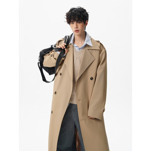 OEMG mid-length British fashion brand double-breasted over-the-knee windbreaker men's coat spring and autumn new retro suit collar coat black L recommended 100-110Jin Jin equals 0.5 kg