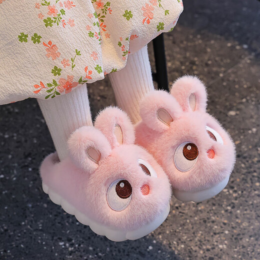 Children's cotton slippers for boys and girls in winter, indoor home non-slip warm heel plush children's baby cotton shoes, upgraded version pink (heel included) 12 26/27 size (shoe inner length 16CM, suitable for feet 15