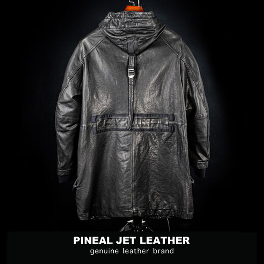 PJL男款头层绵羊皮水洗风衣做旧复古帽子长皮衣皮夹克外长水洗帽 黑色 L (160斤以下)