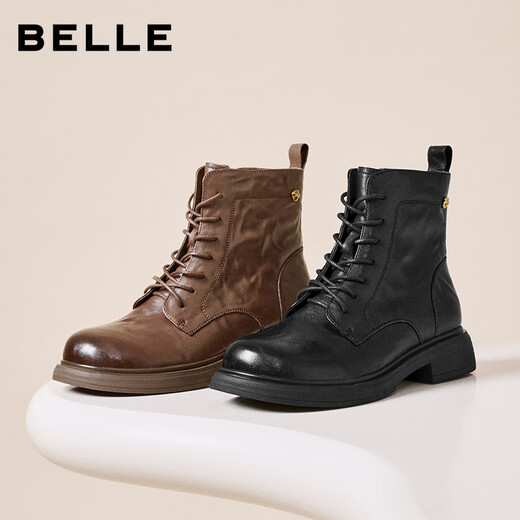 Belle wrinkled Martin boots for women 2025 winter new women's sheep leather texture fashion boots JD008DD5 black-velvet lining 37
