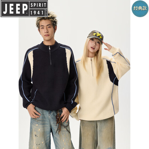 JEEP SPIRIT couple's clothing autumn and winter American retro splicing contrast sweater Henry collar half zipper warm sweater men's and women's jacket heather gray M