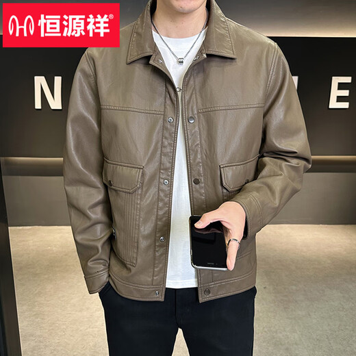 Hengyuanxiang men's leather jacket spring 2026 new American trendy brand casual lapel men's pilot motorcycle leather jacket coffee color 2XL