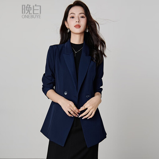 Late white off-size clearance 2026 spring double-breasted lapel top temperament fashion versatile commuter suit jacket for women dark blue S