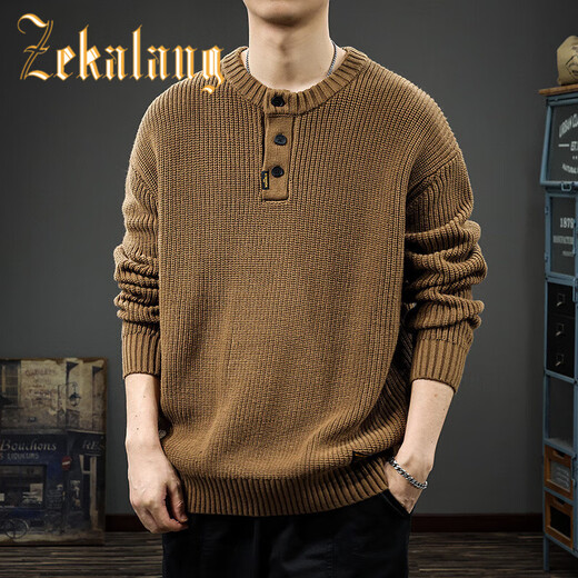 ZEKALANG 2025 Henry collar sweater for men in autumn, loose large size, long-sleeved American retro trendy casual sweater, Khaki S _Suitable weight 95-105Jin Jin is equal to 0.5 kg