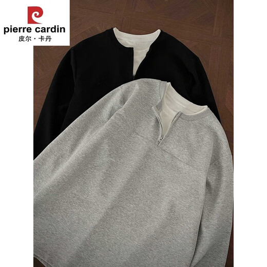 Pierre Cardin brand inner fake two-piece sweatshirt men's spring and autumn bottoming shirt trendy brand retro American half-zip Henley long-sleeved black upgraded model M 95 to 115 Jin Jin equals 0.5 kg can be worn