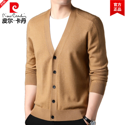 Pierre Cardin 100% pure wool knitted cardigan men's jacket spring and autumn V-neck high-end coat sweater new knitted men's clothing light coffee 2XL 180 recommended 145-160Jin Jin equals 0.5 kg