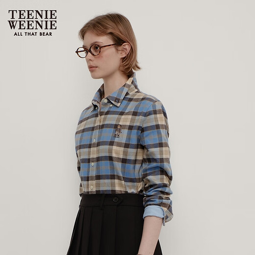 Teenie Weenie Bear Women's Shirt 2025 New Temperament Style Style Retro Plaid Shirt Blue L