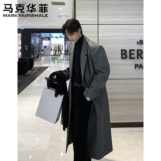 Mark Huafei Woolen Coat Men's Autumn and Winter New Korean Style High-Quality Medium-Length Shoulder-Pad Windbreaker Over-the-Knee Loose Woolen Coat Black (Cotton Style) L 132-150Jin Jin is equal to 0.5 kg