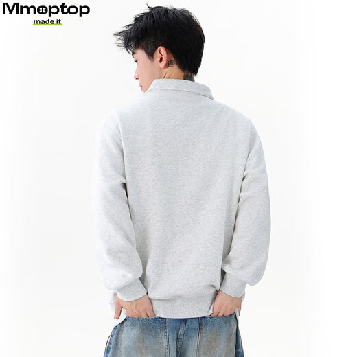 MMOPTOP Japanese heavyweight Chinese cotton polo collar sweatshirt autumn and winter men's loose inner long-sleeved MWY21 white flower gray L