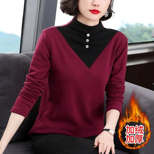 2026 new autumn and winter half turtleneck German velvet thermal clothing for women plus velvet thickened long-sleeved T-shirt can be worn outside, burgundy 3XL recommended 135-150Jin Jin equals 0.5 kg