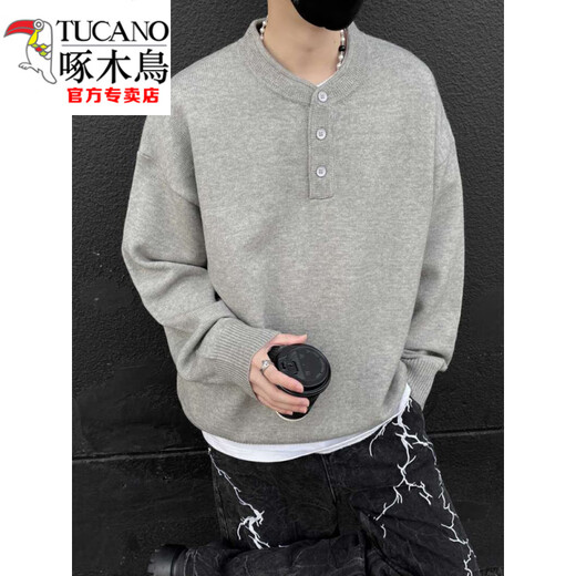 Woodpecker (TUCANO) gray American Henry collar sweater men's early autumn lazy style bottoming sweater cleanfit inner layer light gray Henry collar M