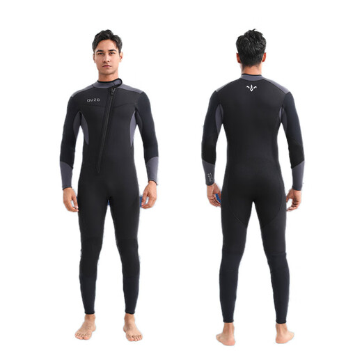 Oeny's new 5/3 wetsuit for men, super elastic, thickened and velvet, cold-proof and warm one-piece wetsuit, jellyfish surfing winter swimsuit, black and gray CR super elastic, long hair mercerized thermal cloth inside S